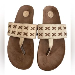 Olukai Ho'Onani Leather Cork Wedge Thong Sandals - size 9